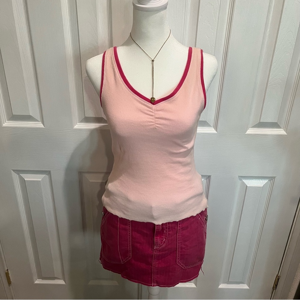 Y2K Energie‎ Pink Ribbed Tank Top Contrast Trim Baby Tee Aesthetic M